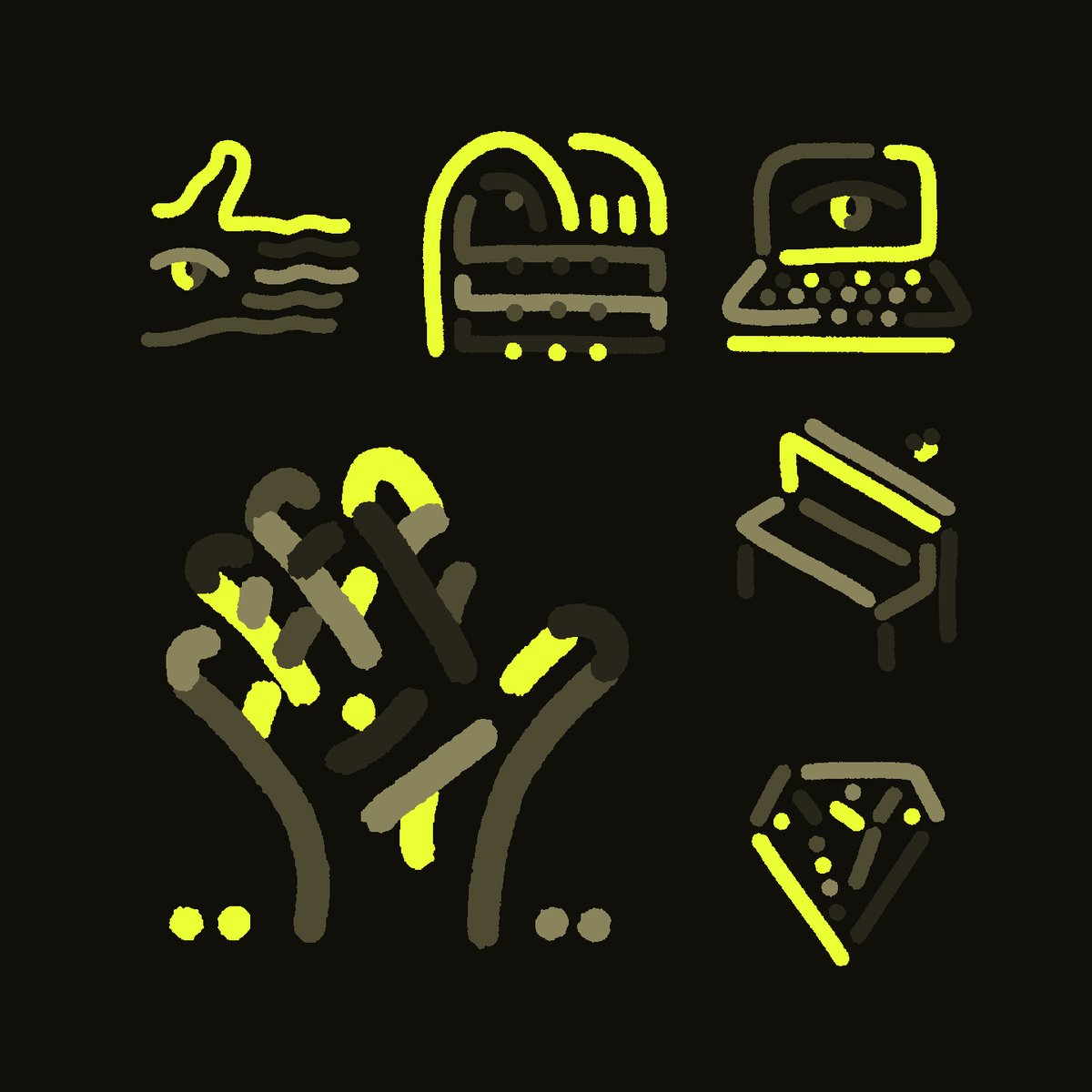 The image features a black background with various objects such as a keyboard, laptop, diamond, hand holding a book, and a person's face. The objects are depicted in different shades of yellow, creating an interesting contrast against the dark background. The objects appear to be floating or floating on air due to their bright colors. The post mentions that this is a unique NFT collection by @EfdotStudio, which suggests that it might be related to digital art or creative projects involving digital assets and virtual items.