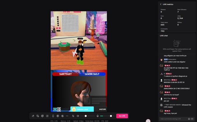 Screenshot of a TikTok Live streaming interface showing a Roblox gameplay broadcast with a live chat on the right displaying 2,744 viewers.