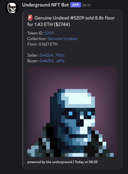 A Discord message from 'Underground NFT Bot' reporting that Genuine Undead #5209 sold at 8.8x floor for 1.43 ETH ($2744), showing a pixelated undead character with seller and buyer wallet addresses.