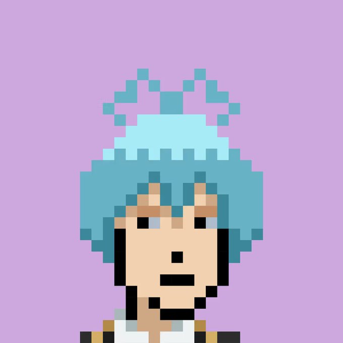 A pixel art character with blue hair styled in an updo and peach skin is depicted against a solid lavender background.