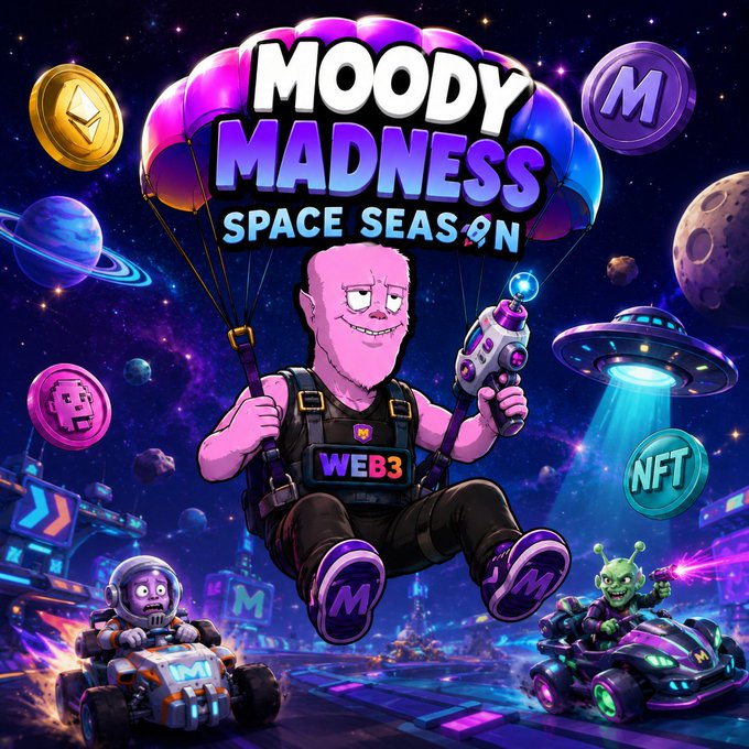 Promotional artwork for "MOODY MADNESS SPACE SEASON" featuring a pink cartoon character parachuting with a "WEB3" vest, holding a ray gun, surrounded by space elements, NFTs, alien racers, and floating coins like ETH and an "M" token.