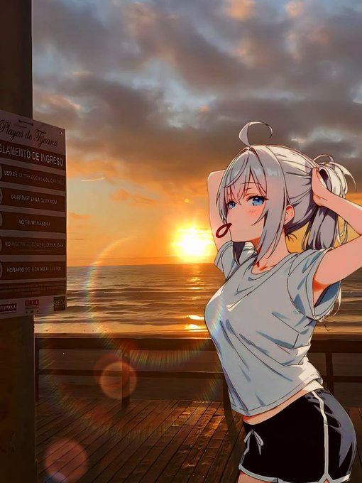 Anime-style illustration of a silver-haired character stretching with hands behind head on a wooden pier, with a vibrant sunset over the ocean in the background and a 'Playas de Tijuana' sign visible on the left.