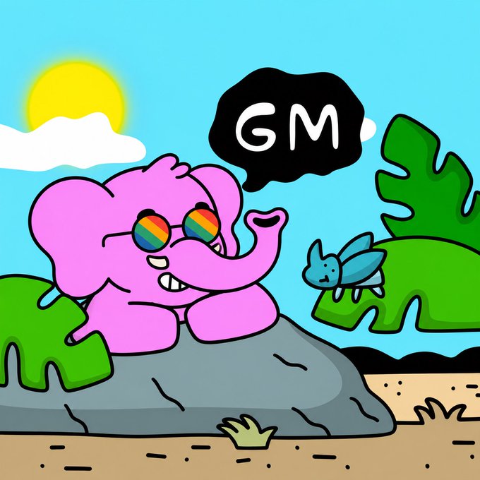 A colorful cartoon illustration of a pink elephant wearing rainbow sunglasses sitting on a gray rock, with a speech bubble saying "GM" next to a small blue bee against a sunny sky background.