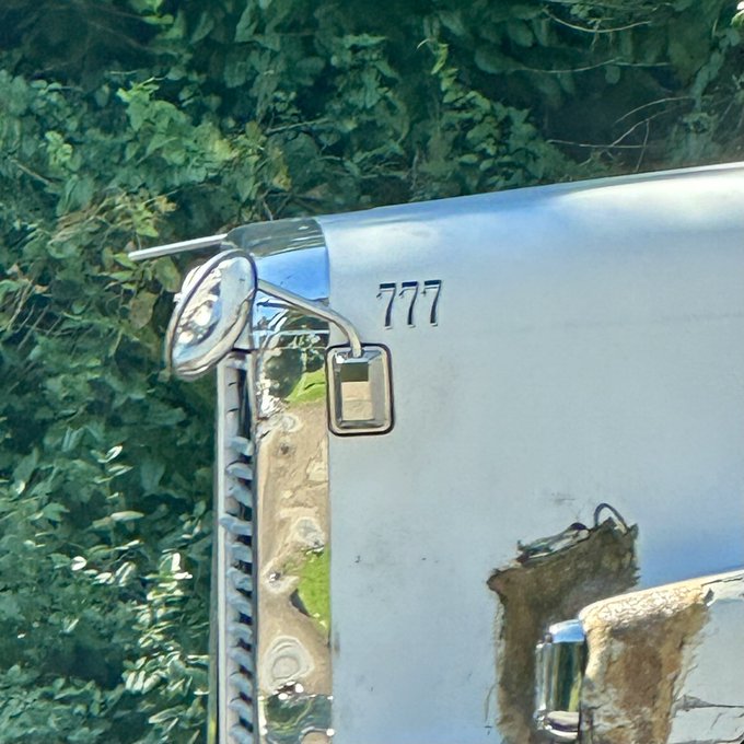A close-up of a chrome mailbox with the number '777' on it, mounted on a post with foliage in the background.