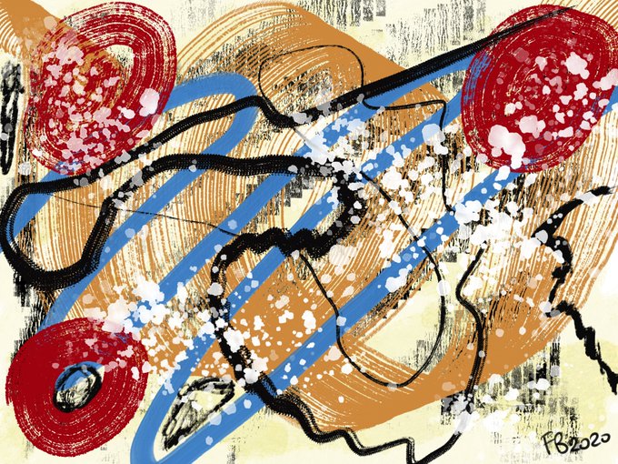 The image features a digital art piece with a unique style, featuring abstract shapes and lines that create a sense of movement and energy. The colors used are predominantly red, blue, and white, which contribute to the overall dynamic feel of the artwork. The painting is displayed on an iPad screen, suggesting it could be part of a social media post or online gallery showcasing digital artworks from the year 202o.