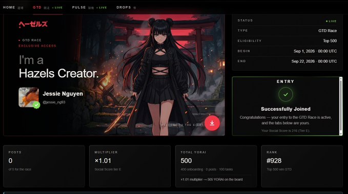 A dark-themed dashboard for 'Hazels' featuring an anime-style female character, with text indicating 'I'm a Hazels Creator' for 'Jessie Nguyen', along with stats like 'GTD Race', 'POSTS 0', 'MULTIPLIER x1.01', 'TOTAL YORAI 500', and 'RANK #928'.