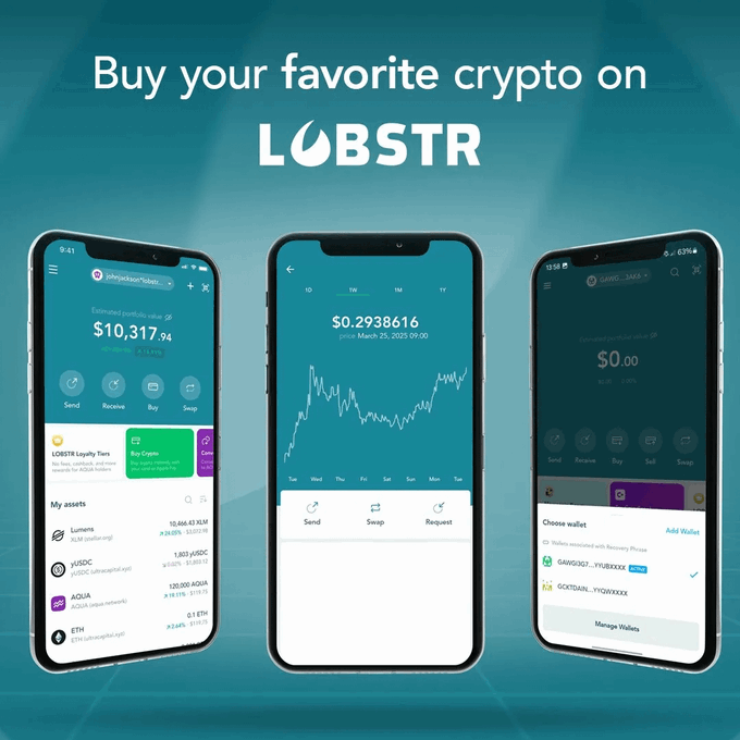 The image shows three cell phones side by side, each displaying a different cryptocurrency exchange app called Lobstr. The first phone has a blue background and displays "Lobstr" at the top of its screen. The second phone also has a blue background but shows "Lobstr" in white text on its screen. The third phone is black with a white background and displays "Lobstr" in white text, which matches the first phone's display. All three phones are showing the same cryptocurrency exchange app called Lobstr.