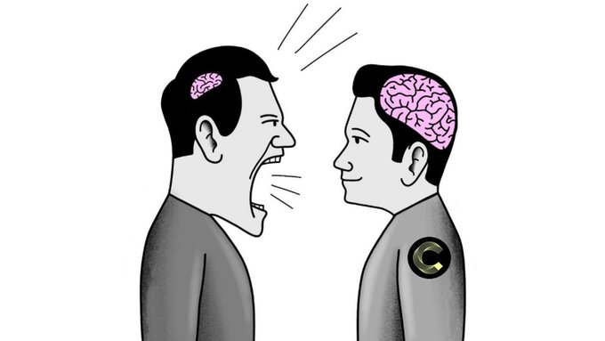 The image depicts two men facing each other—one yelling aggressively with a small, pink brain visible inside his head, while the other calmly smiles with a much larger, fully-formed brain—and features a "C" logo on the calm man's shoulder. This visual metaphor illustrates the contrast between irrational, noise-driven critics (the smaller brain shouting) and the thoughtful, knowledgeable supporters of the Canton ($CC) network (the larger brain listening calmly), suggesting that price-driven FUD from "some corners of X" is no match for the genuine substance being built on the network.
