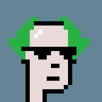 A simple pixel art illustration showing a character with black hair wearing a green shirt against a bright blue background.
