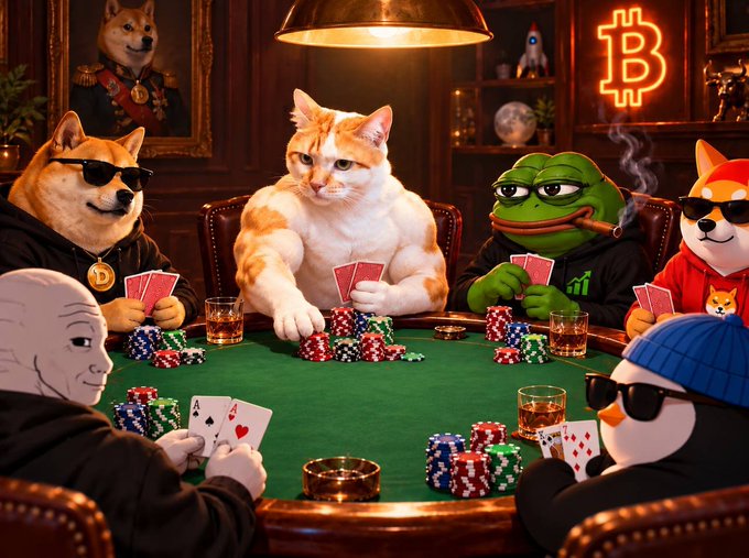 An AI-generated meme image depicting a muscular orange tabby cat playing poker at a table alongside other meme characters (Doge, Pepe, Wojak) with crypto/meme references.