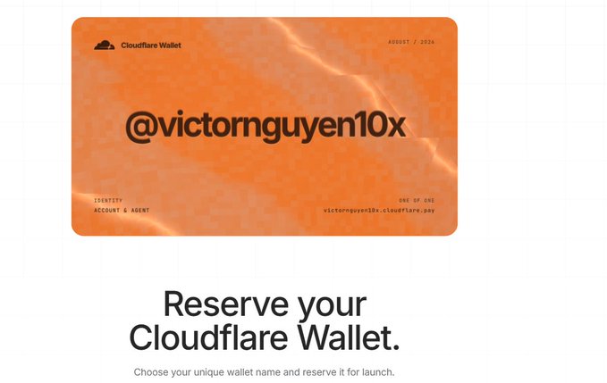 The image shows an orange Cloudflare Wallet card displaying the username "@victornguyen10x" with a reservation prompt for Cloudflare Wallet. This aligns with the post announcing Cloudflare's official launch of Account Walllets for the AI Agent Era, featuring the platform's cloud computing services and $332M in fundraising.