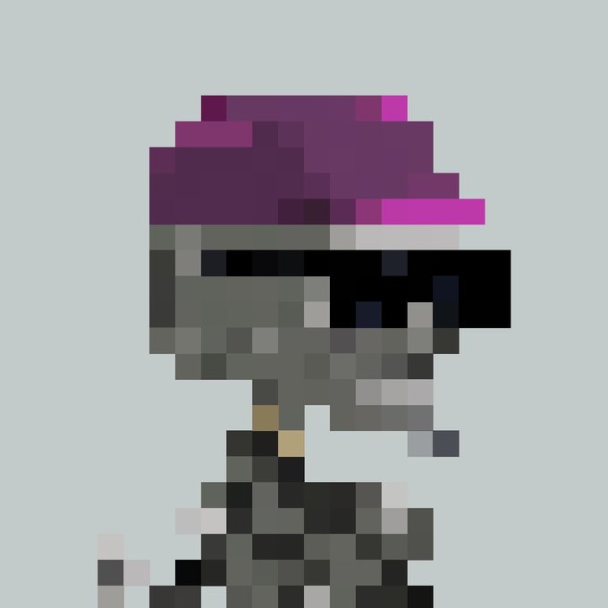 Low-resolution pixel art of a character with magenta/purple hair wearing a dark visor and suit, presented in a side profile against a light teal background.
