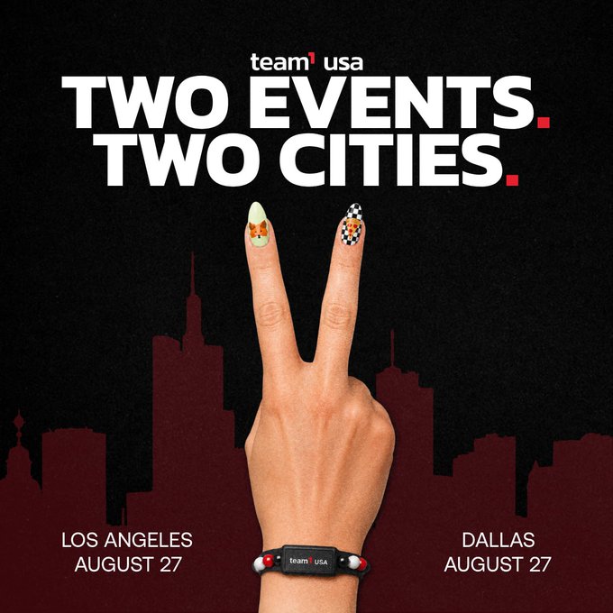 A Team USA promotional graphic titled 'TWO EVENTS. TWO CITIES.' featuring a hand making a peace sign with nail art and a bracelet, advertising events in Los Angeles and Dallas on August 27.