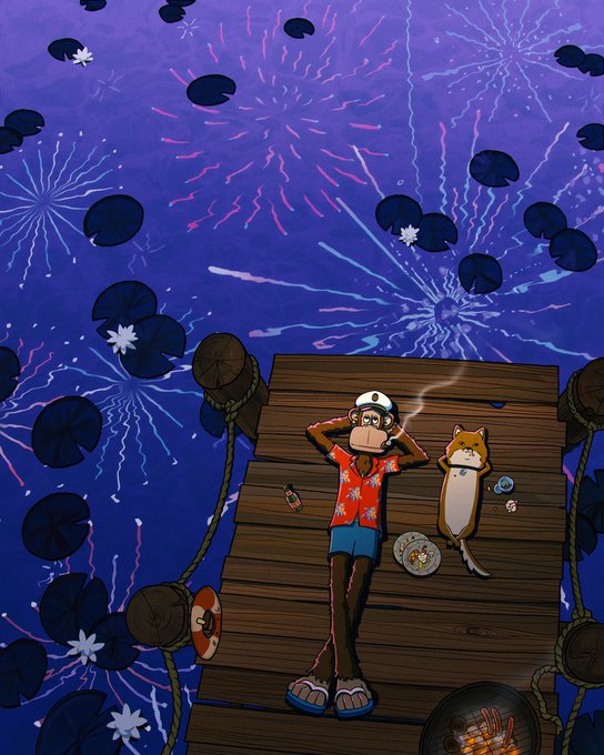 A monkey in a floral shirt relaxes on a dock beside a Shiba Inu, with fireworks lighting up a lily pad-filled pond in the background. A small grill in the corner and the Fourth of July message suggest a festive but playful warning about handling fireworks safely.