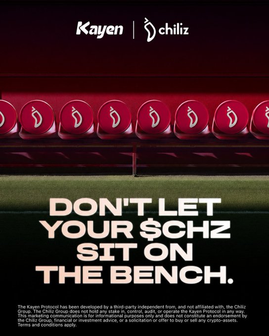 A football stadium bench is lined with red Chiliz $CHZ logos beneath headers for "Kayen" and "Chiliz," promoting the Kayen Protocol with the bold tagline "DON'T LET YOUR $CHZ SIT ON THE BENCH." The image ties to the accompanying post "Make them liquid instead" by framing idle Chiliz tokens as benchwarmers that should be put to use through the protocol.