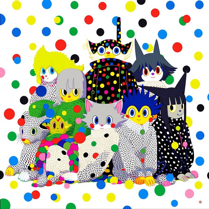 A colorful illustration of various cats and cat-like creatures with patterned fur and polka dot backgrounds in a pop art style.