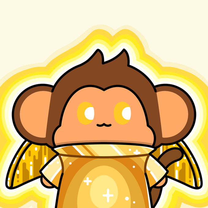 A cute cartoon monkey character with brown fur and yellow eyes holding a glowing golden object, surrounded by a yellow aura.