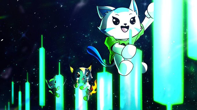 Three animated cat-like characters leap energetically across a starry space backdrop filled with glowing cyan and green vertical beams, with one wearing a green jacket in the foreground and two others following behind—evoking a celebratory, moon-bound mood that complements the poster's excitement about their upcoming HyperEVM launchpad profit celebration.