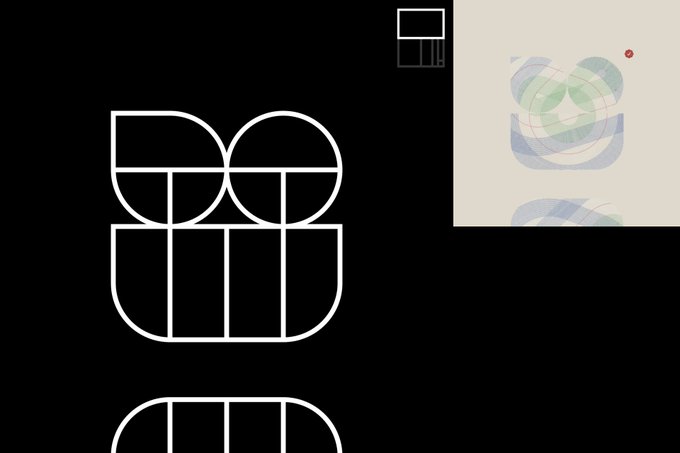 A minimalist black background displaying white geometric line art on the left and an abstract green and blue circular design on a cream background to the right.