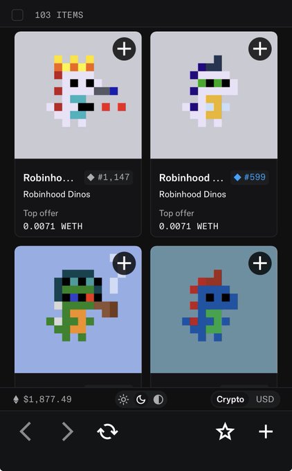 A mobile NFT marketplace showing 4 pixel-art dinosaur items labeled 'Robinhood Dinos' with top offers of 0.0071 WETH.
