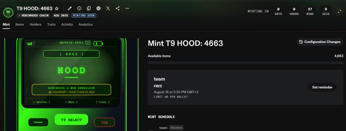 A dark-themed web interface for a "Mint T9 HOOD: 4663" NFT, showing a countdown timer and the item listed as FREE, part of the HODLHOOD chain.