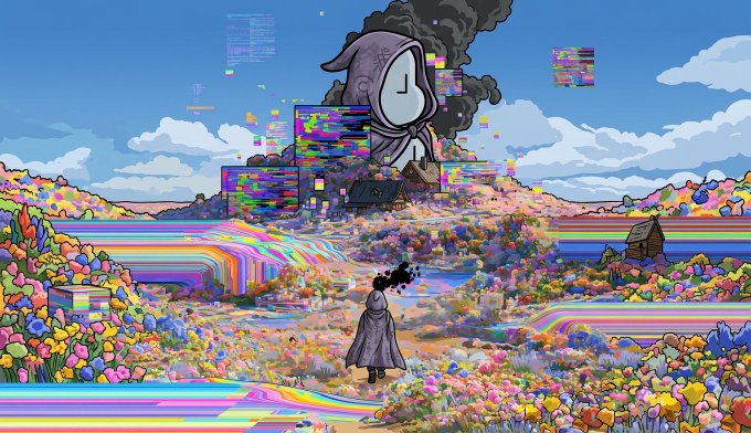 A colorful pixel-art style digital illustration showing a cloaked figure standing in a flower field looking toward a giant cloaked structure emitting glitch effects and smoke.