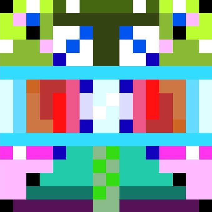A pixel art image composed of colorful squares forming what appears to be a character or creature with large blue eyes and a pink and turquoise body.
