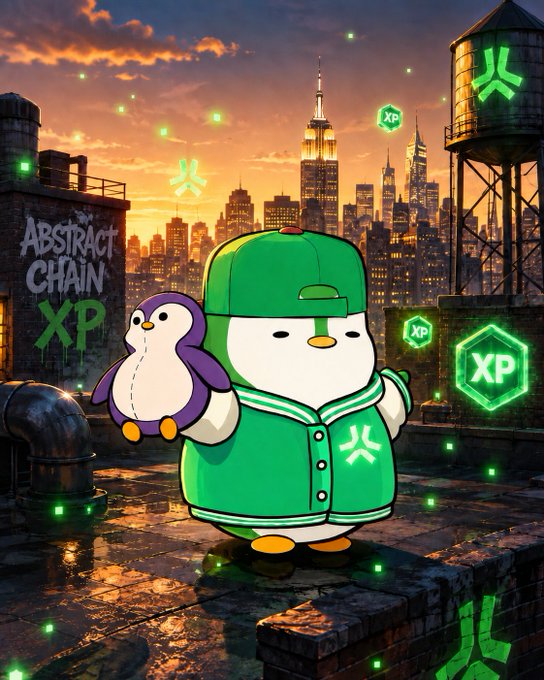 Digital illustration of a penguin character in green attire holding a smaller purple penguin, set against a city skyline with 'ABSTRACT CHAIN XP' graffiti and floating 'XP' icons.