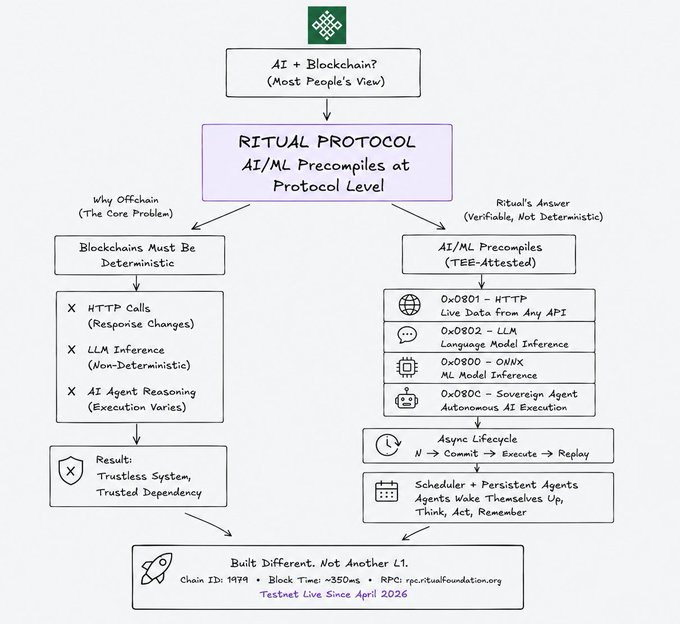 A flowchart titled 'RITUAL PROTOCOL' explaining how AI/ML precompils are handled at the protocol level, contrasting off-chain deterministic limitations with Ritual's TEE-attested precompils for HTTP, LLM, ONNX, and sovereign agent execution.