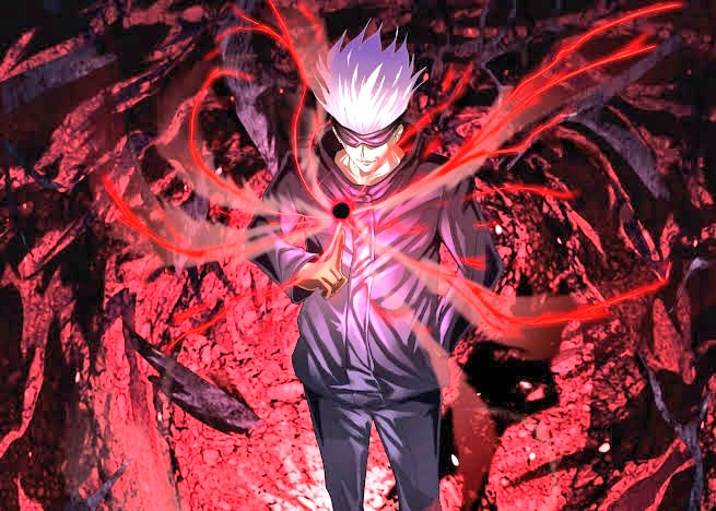 An anime character with spiky white hair and a blindfold, surrounded by glowing red energy in a dark, rocky environment, appearing to channel power at his fingertips.