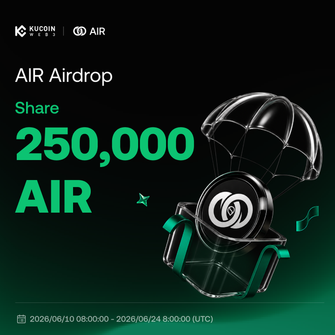 The image features a poster for an Airdrop event, with a clear glass box containing a coin inside. The text on the poster announces that there are "250,000 $AIR" shares available for purchase at the event. The poster also includes a website address and a social media handle to follow for more information about the event or related products.