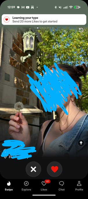 A screenshot of a dating app profile featuring a photo of a woman holding a dandelion outdoors, with her face obscured by blue scribbles, and app interface elements like 'Learning your type' and navigation buttons.
