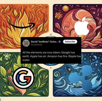 The image features a poster with four different paintings, each representing a different element of nature - fire, earth, water, and air. The poster also includes a Twitter account for David "Jolik Katz" Schw, who has posted about the elements being taken by Google. The text in the post reads: "All the elements are now taken. Google has Ripe = WATER what will happen on May 31?".