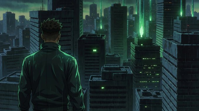 A lone man in a green jacket stands on a rooftop overlooking a sprawling cityscape illuminated by eerie green glows emanating from the skyscrapers, symbolizing the unexpected triumph of his once-dismissed foresight. The scene visually echoes the post's narrative of "crazy" predictions now manifesting as the markets turn green and bullish momentum awakens.