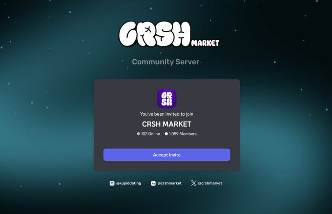A Discord community server invite page for 'CRSH MARKET' shows the server has 102 online members and 1,059 total members, with social handles @kupiddating, @crshmarket, and @crshmarket displayed at the bottom.