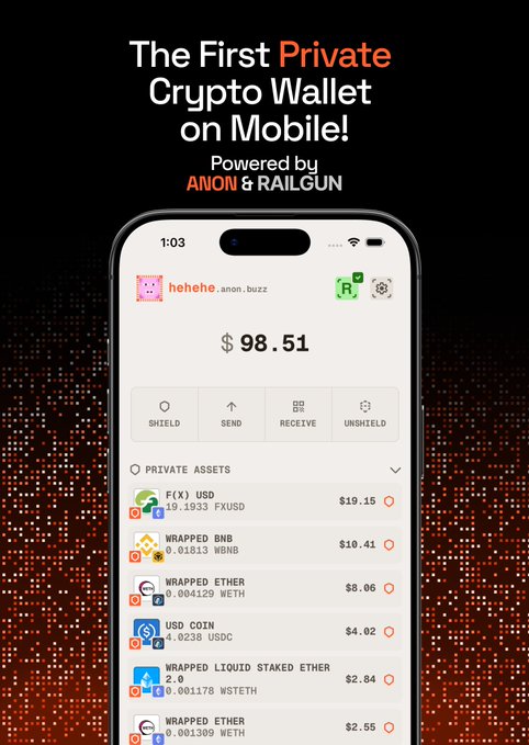 The image showcases a smartphone displaying the Anon Mobile Wallet app, marketed as "The First Private Crypto Wallet on Mobile!" powered by ANON & RAILGUN, featuring a balance of $98.51 and various private assets including FXUSD ($19.15), WBNB ($10.41), Wrapped Ether ($8.06), and USDC ($4.02), aligning with the post's announcement of the upcoming beta launch for the privacy-focused crypto wallet.