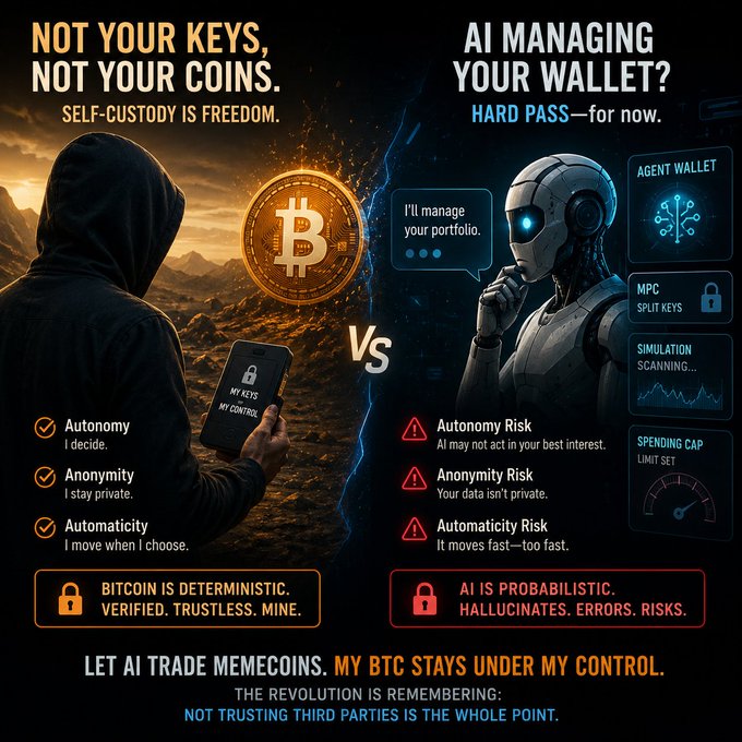 An infographic comparing Bitcoin self-custody ('NOT YOUR KEYS, NOT YOUR COINS - SELF-CUSTODY IS FREEDOM') versus AI managing your wallet, highlighting autonomy and anonymity benefits of BTC against the risks of AI.