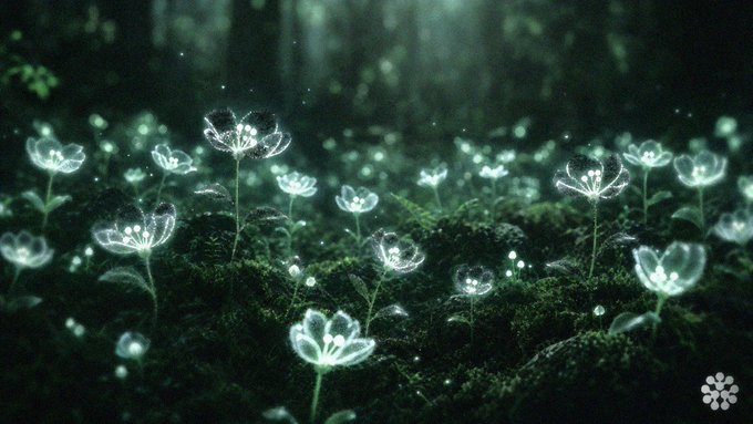 A mystical, glowing digital artwork of luminous flowers blooming in a dark, mossy forest setting.