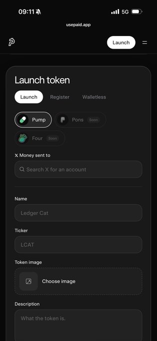 A mobile screenshot of the usepad.app website showing a 'Launch token' form with options for Launch, Register, and Walletless, and fields filled with the Name 'Ledger Cat' and Ticker 'LCAT'.