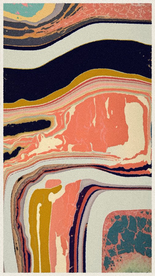 Abstract marbled artwork featuring flowing waves of coral pink, mustard yellow, navy blue, cream, and teal green in layered, organic shapes.