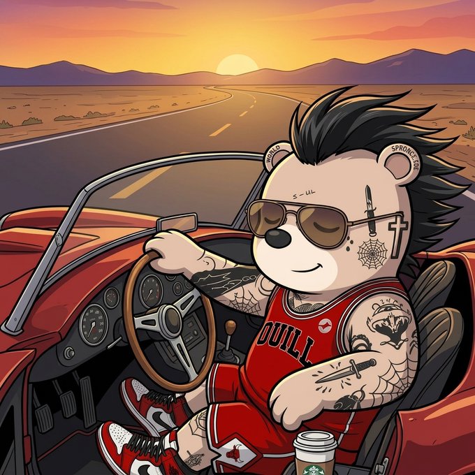 A cartoon illustration of an edgy punk bear with tattoos and sunglasses driving a red convertible at sunset.