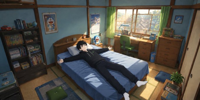 An anime-style illustration depicts a boy in black clothing lying with arms outstretched on a blue bed in a bedroom decorated with Doraemon posters, books, and a desk by the window.