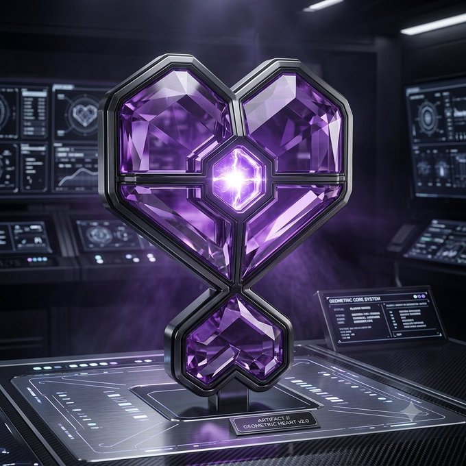 A purple crystalline geometric artifact labeled 'Geometric Heart v2.0' displayed in a futuristic high-tech lab setting with monitors.