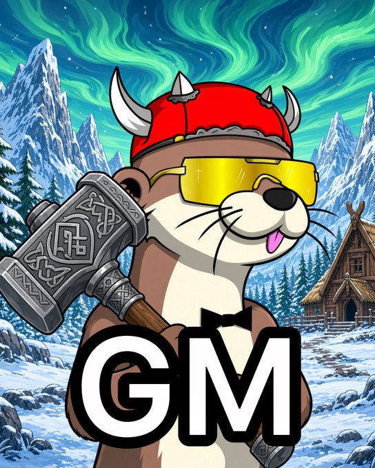 A cartoon mascot of a smiling animal wearing a red Viking helmet and yellow sunglasses, holding a hammer, with large 'GM' text displayed in front of a snowy mountain landscape.