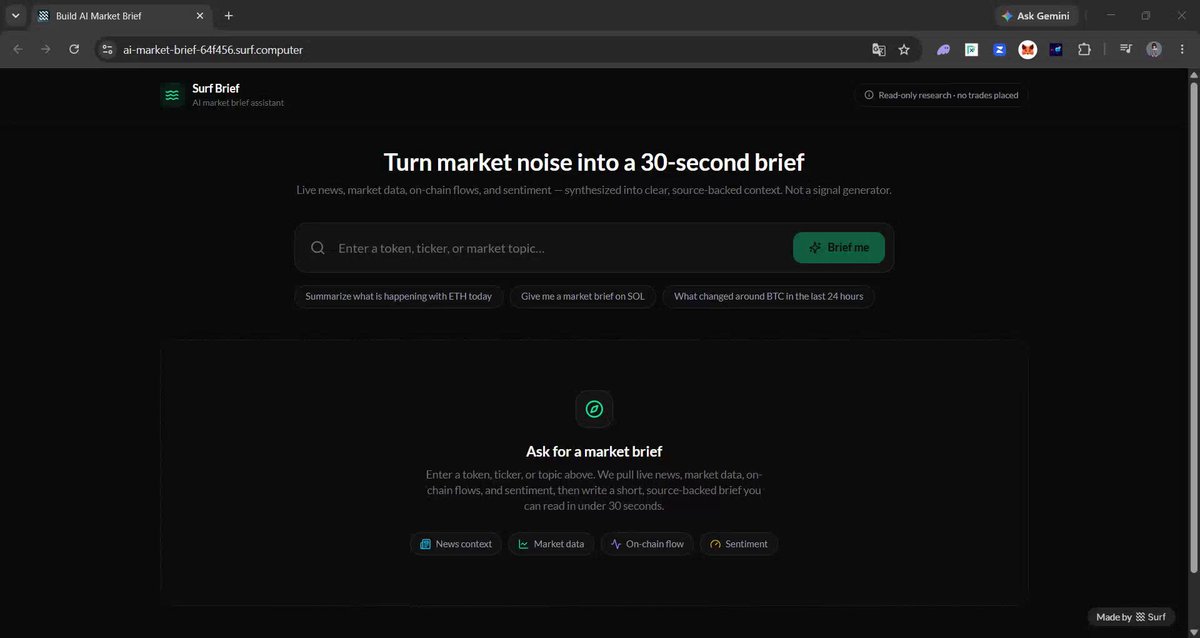 The image shows an open computer screen displaying a web page for "Turn Market Noise Into A 30-Second Trader Note". This browser page is titled as a market brief assistant created by Bitget, designed specifically to analyze market noise, or sentiment, and generate trade suggestions based on its findings in just 30 seconds. The post appears to be a tutorial, focusing on using this software to manage noisy market inputs effectively for trading purposes.