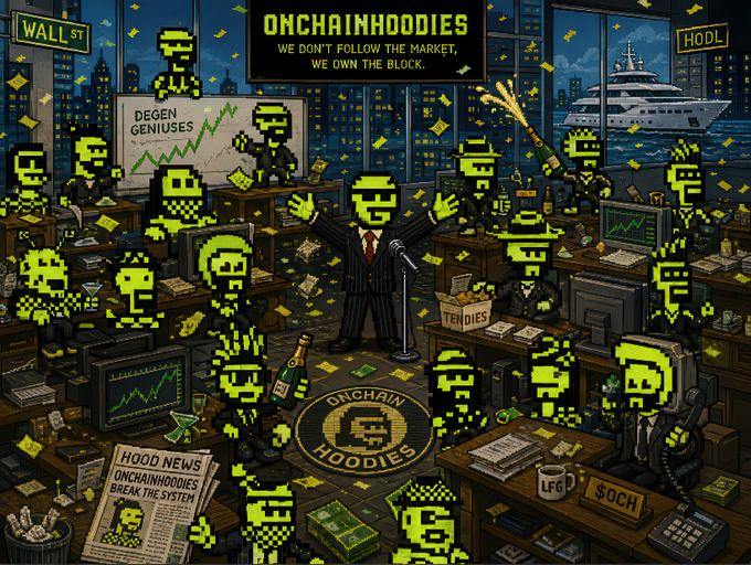 A vibrant pixel-art illustration titled "ONCHAINHOODIES" depicts pixelated characters in a trading floor setting with the tagline "WE DON'T FOLLOW THE MARKET, WE OWN THE BLOCK."