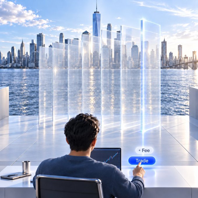 A person sits at a desk with a laptop displaying a stock chart, pressing a glowing "Trade" button labeled with "+ Fee," while transparent digital panels showcase the Manhattan skyline across the water—visually representing MEXC Stock's diverse range of trading structures (RealStocks, Tokenized Stocks, Stock Futures, and Pre-IPO) available through its platform.