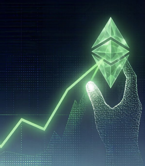The image features a hand holding up a block of green colored cryptocurrency called ether, specifically Bitcoin. The person's hand is pointing upwards towards theether block while the other half of their body points downwards, as if they are presenting the block for sale or display. The background consists of a gradient that transitions from dark to light colors with varying shades of blue and gray. This creates an impression of depth in the image, making it appear like the Ether is located at the top-right corner. Overall, the scene conveys the idea of a cryptocurrency transaction being completed, with the Ether block being held up for sale or display.