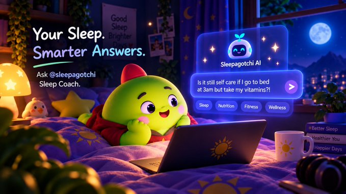 An AI-generated advertisement for a "Sleepagatchi AI" sleep coach features a cute green creature in a bed using a laptop, with text reading "Your Sleep. Smarter Answers. Ask @sleepagatchi Sleep Coach."