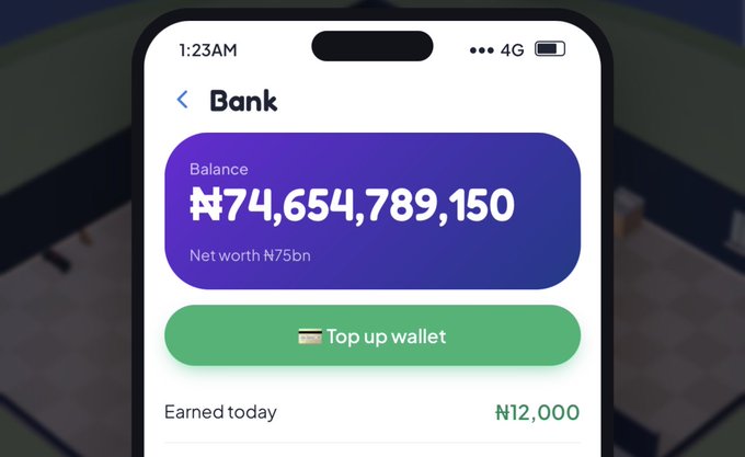 A smartphone banking interface displays a balance of ₦74,654,789,150, a net worth of ₦75bn, a green 'Top up wallet' button, and 'Earned today ₦12,000'.